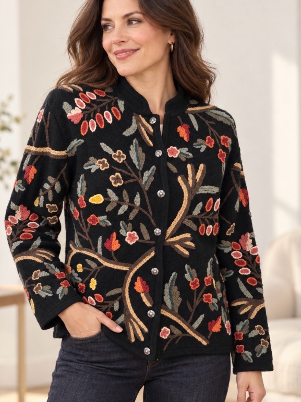 Black Embroidered Floral Cardigan Wool Blend